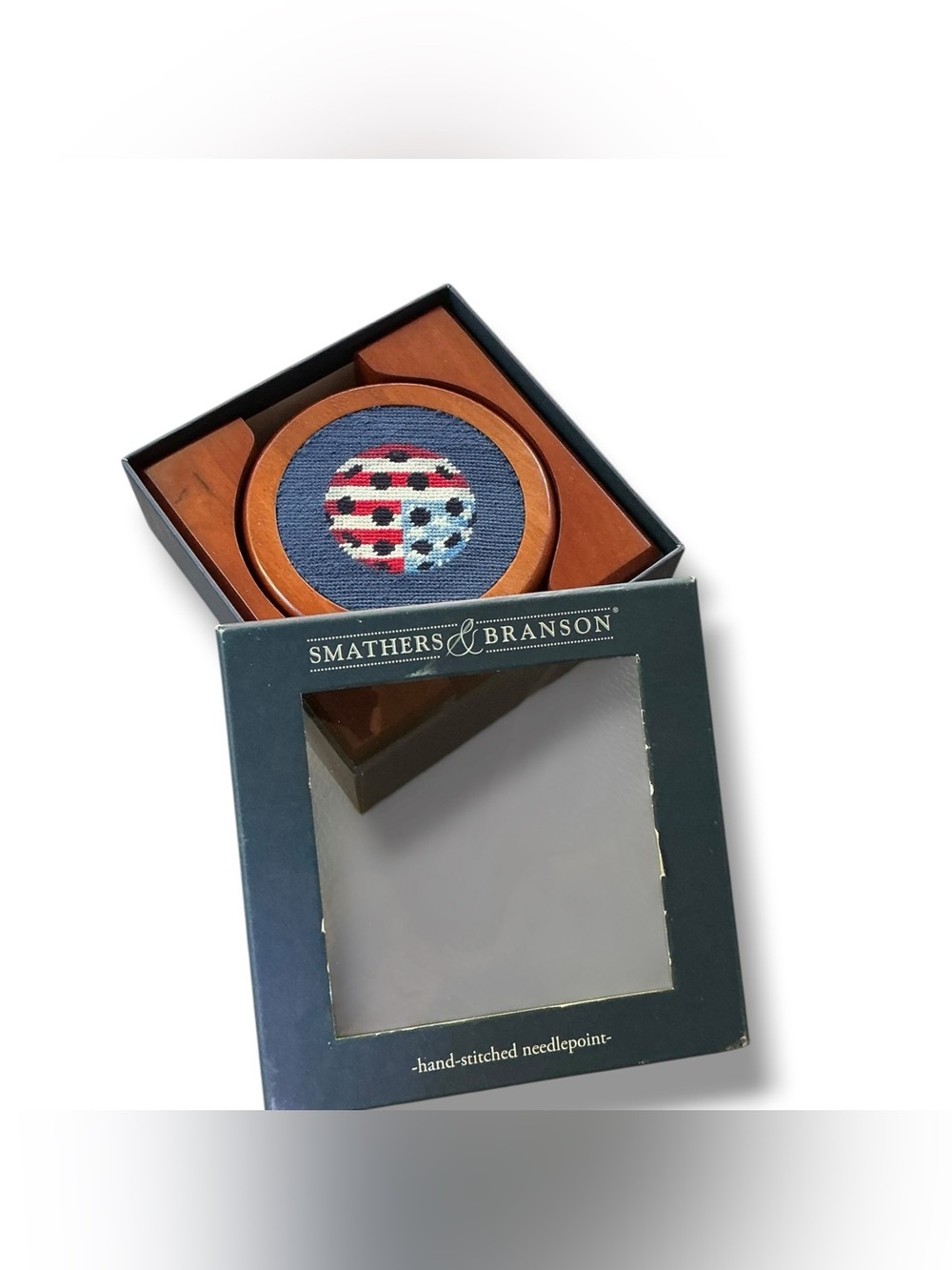 Smathers & Branson Patriotic Pickleball Needlepoint Coaster Set Wood Holder